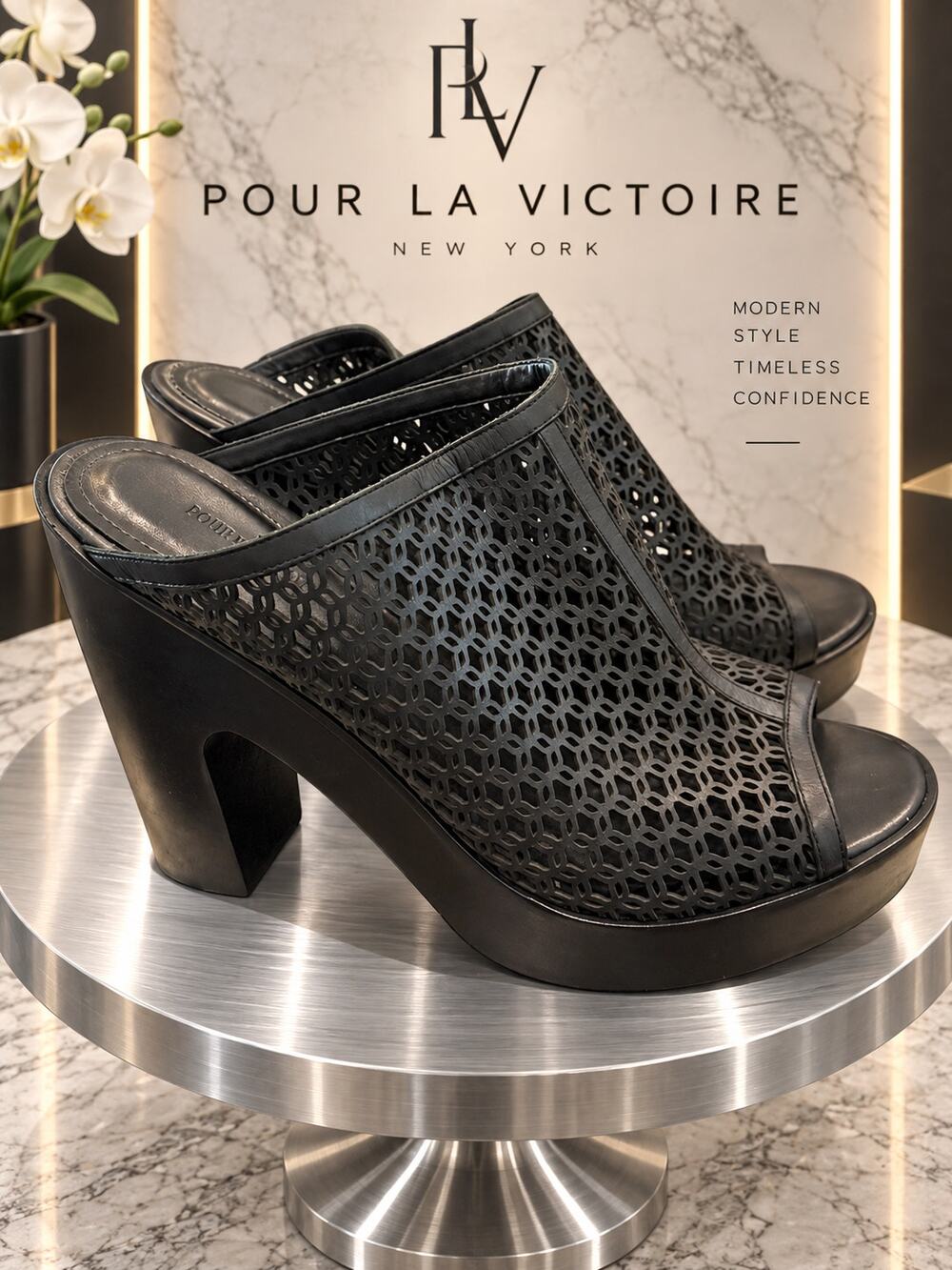 Pour La Victoire Black Laser Cut Leather Platform Mule Heels Size 10M